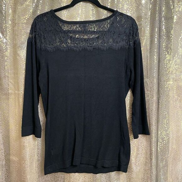 Express Black Lace Yoke Shoulder 3/4 Sleeve Sweater, Large - Picture 2 of 6